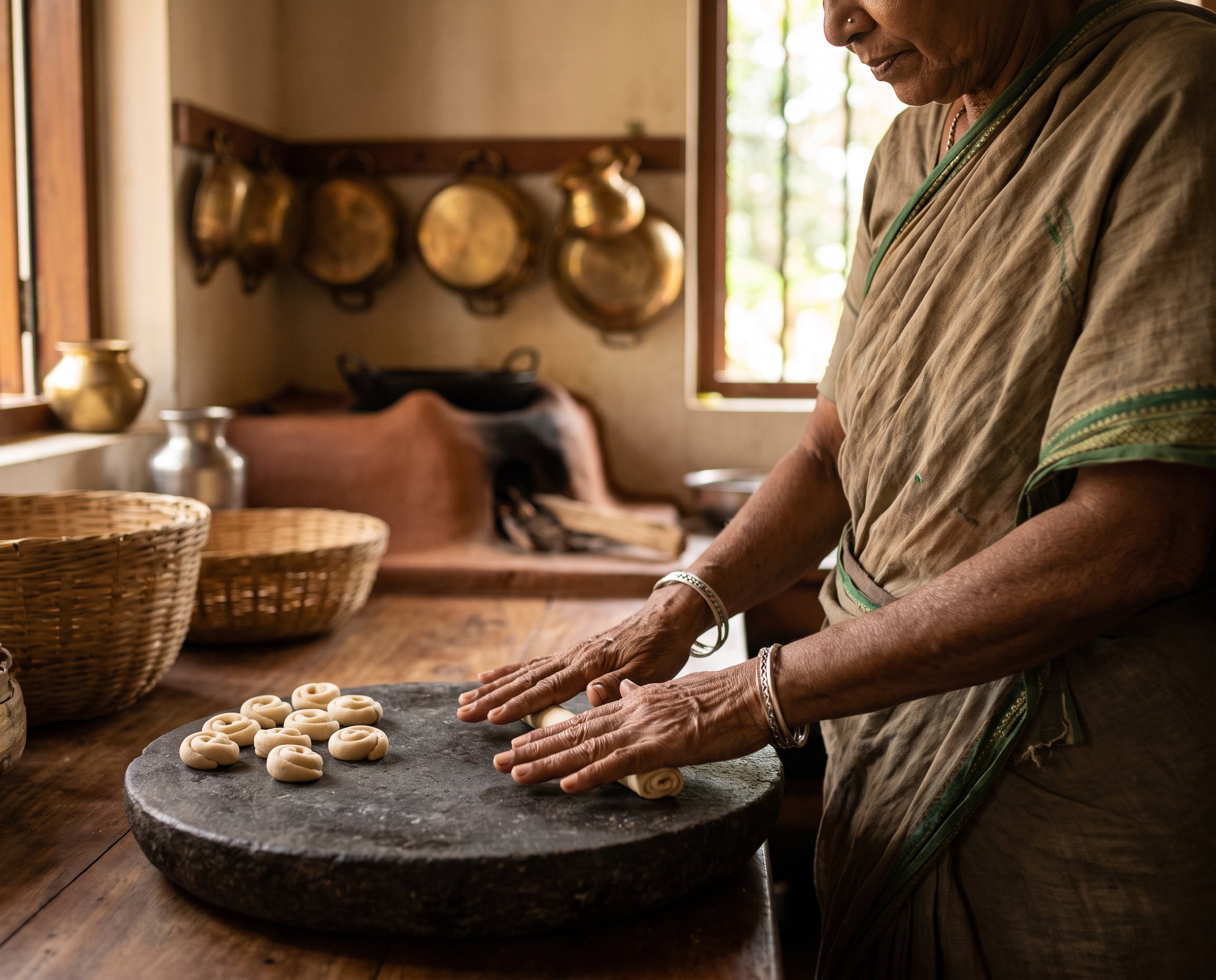 A grandmother cooking traditional snacks in her kitchen